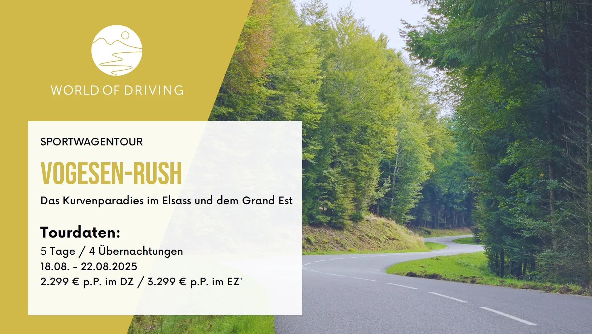 SPORTWAGENTOUR „Vogesen-Rush“ – Das Kurvenparadies im Elsass – Mit optionalem Rennstreckenbesuch